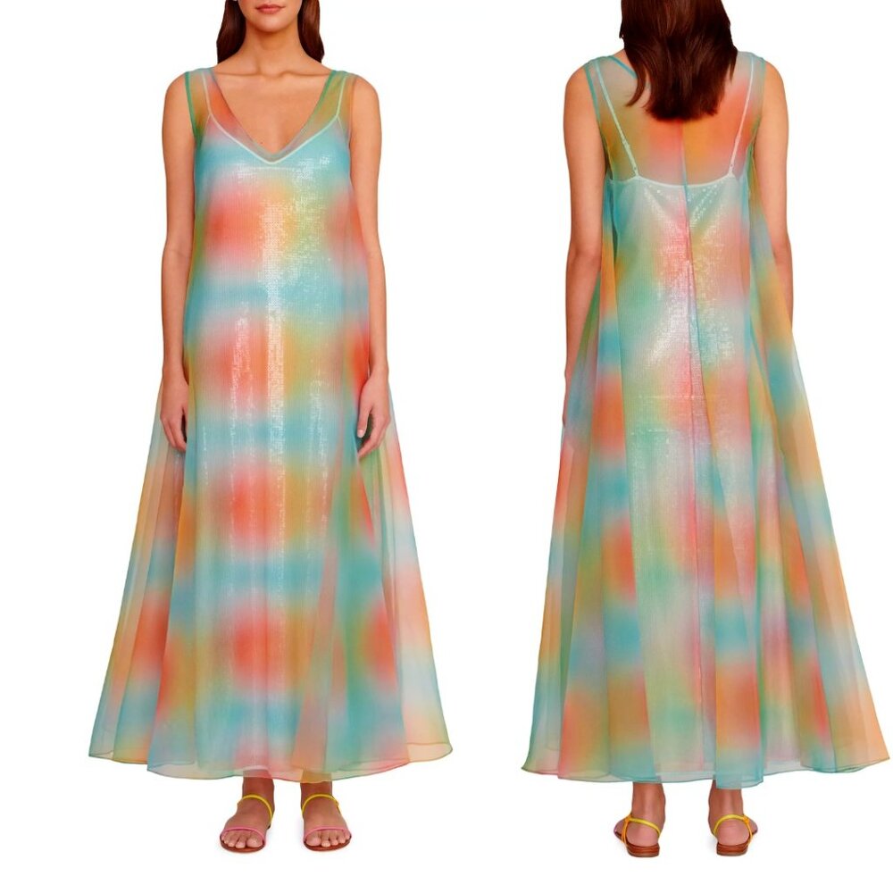 NWT Staud Samantha Organza Maxi Dress Multicolor Sheer Sleeveless V-Neck Small